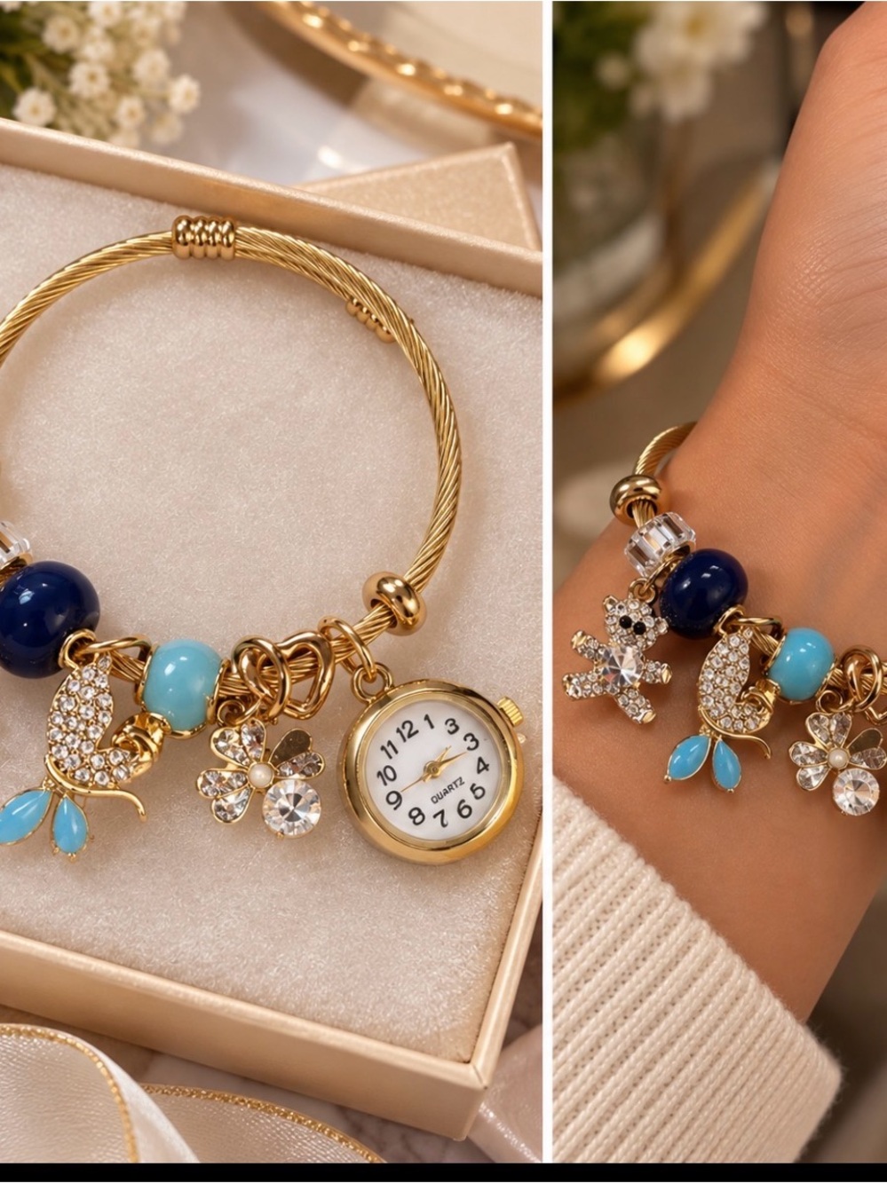Gold Charm Bracelet Watch with Blue and Turquoise Beads